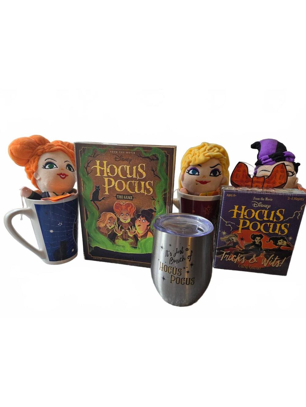 Disney Hocus Pocus Mega Lot: 3 Plush Latte Mugs + Wine Tumbler + 2 Games Bundle